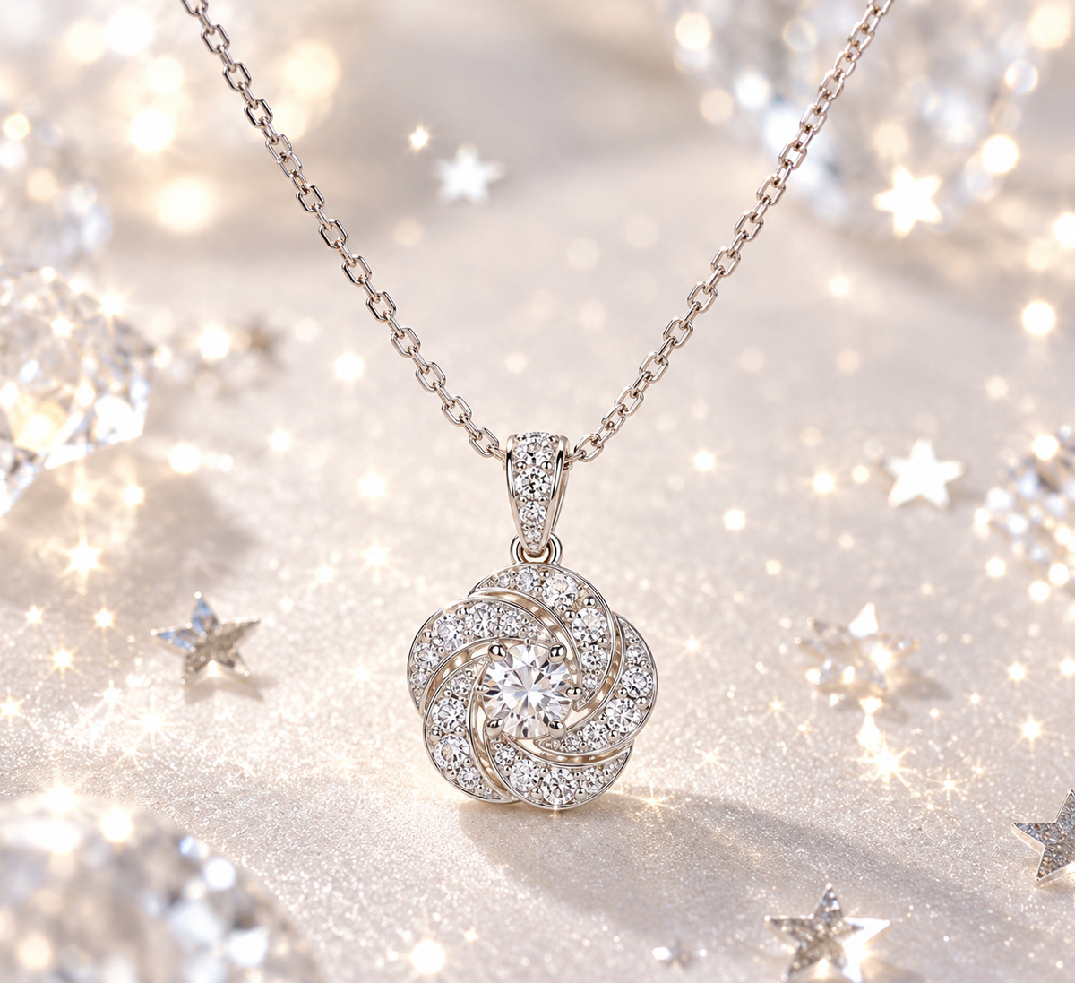 Sterling Silver Floral Swirl Pendant Necklace with Pavé Stones