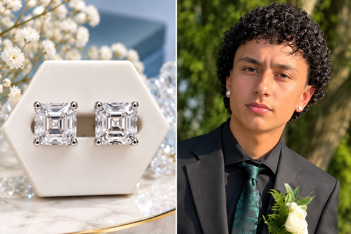 Men’s Moissanite Square Stud Earrings in 925 Sterling Silver.