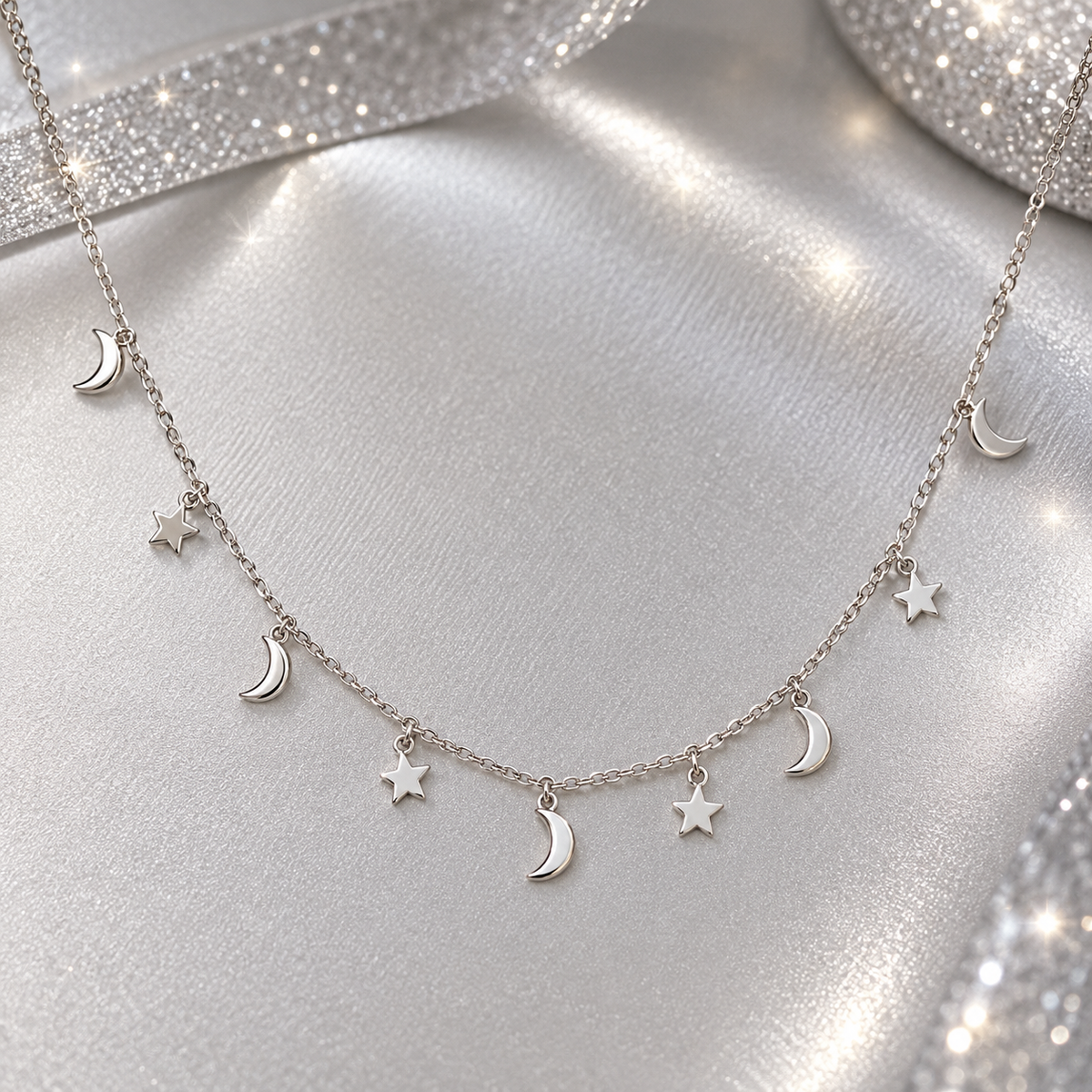 Sterling Silver 925 Moon & Star Charm Necklace