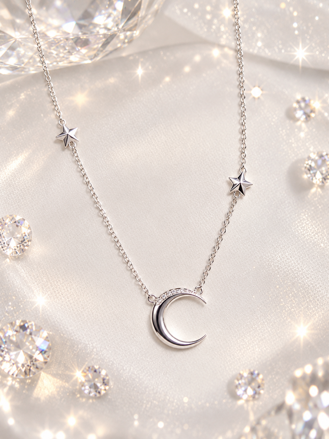 Sterling Silver Moon & Stars Necklace with Moissanite – 18"