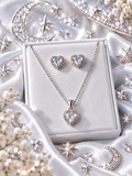Sterling Silver Heart Necklace & Earrings Jewelry Set – 18"