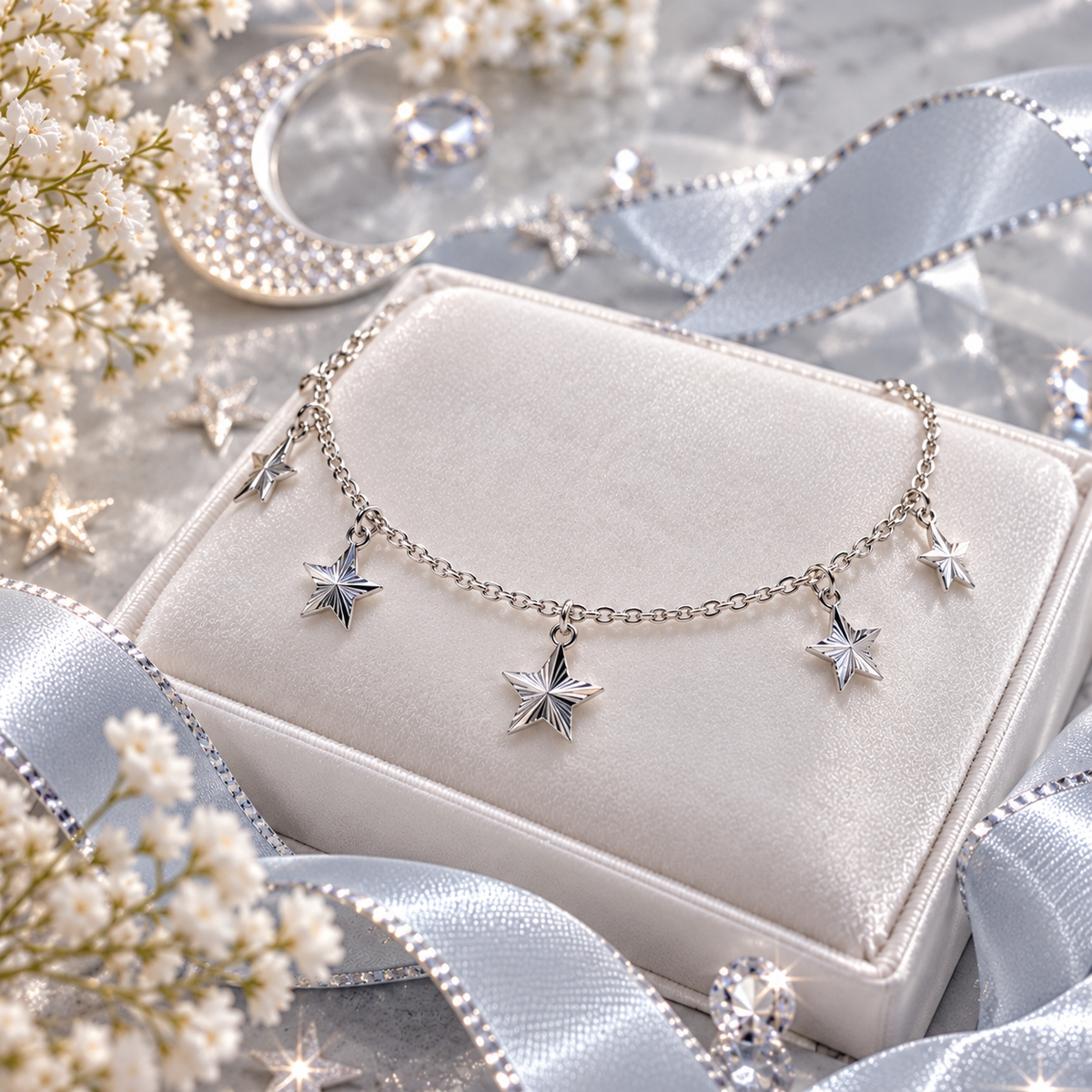 Sterling Silver 925 Dangling Star Charm Bracelet