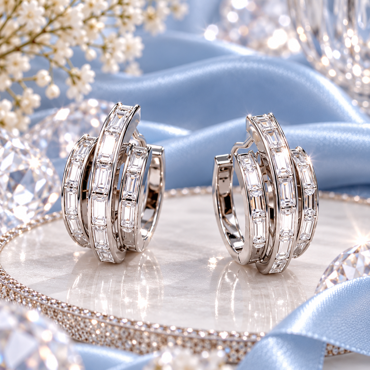 Sterling Silver Hoop Post Earrings with Mojssanite".